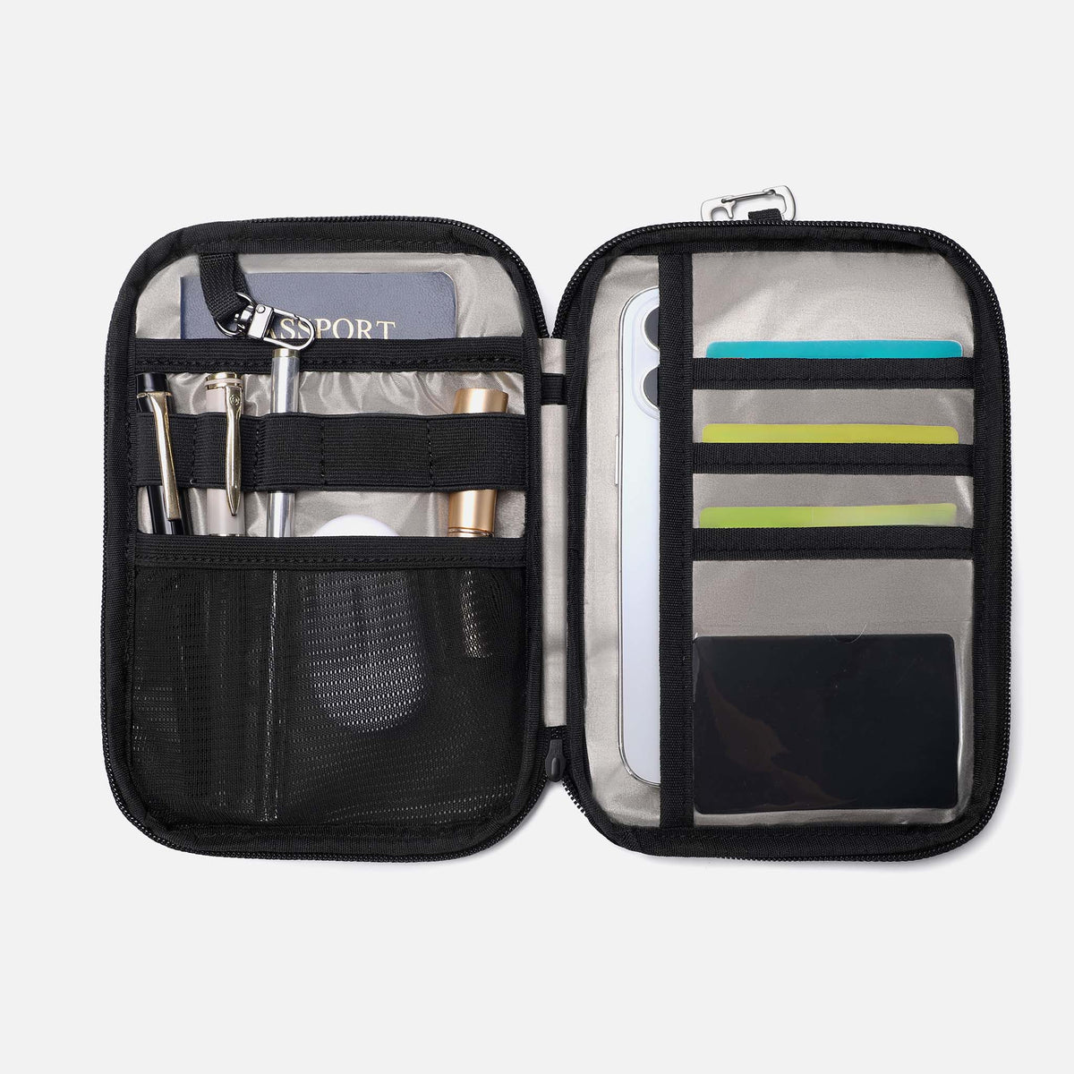 Travel Passport Holder open, showing passport, phone, card slots and pen loops