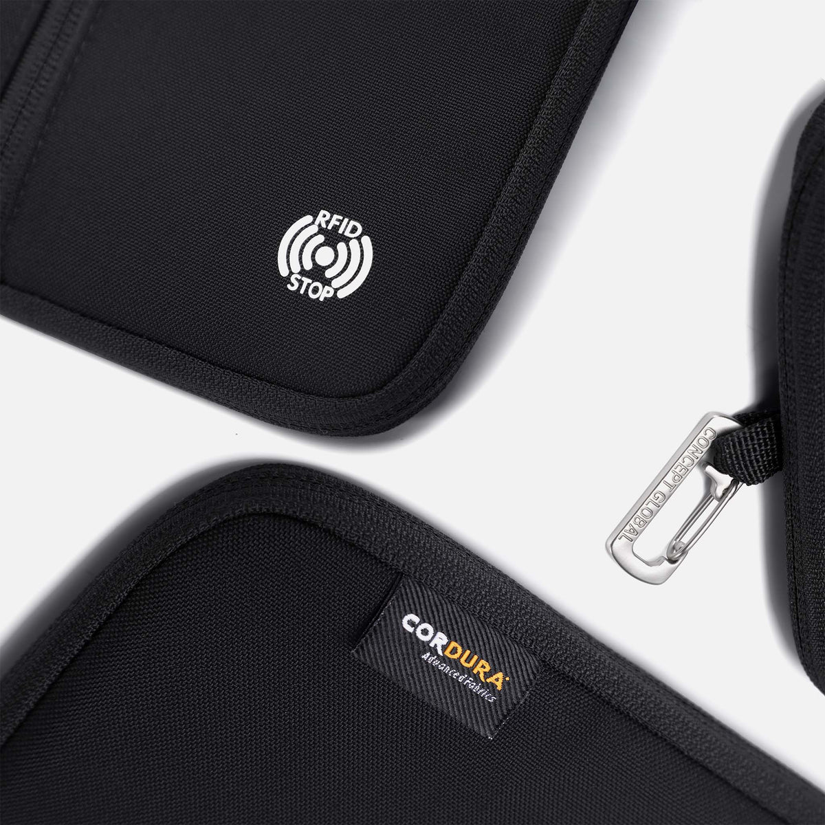 RFID-blocking and Cordura fabric details with carabiner