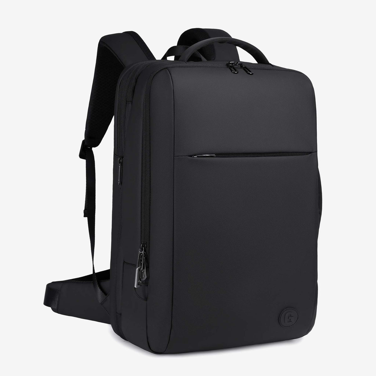 Concept Global Travel Backpack in black, front three-quarter view