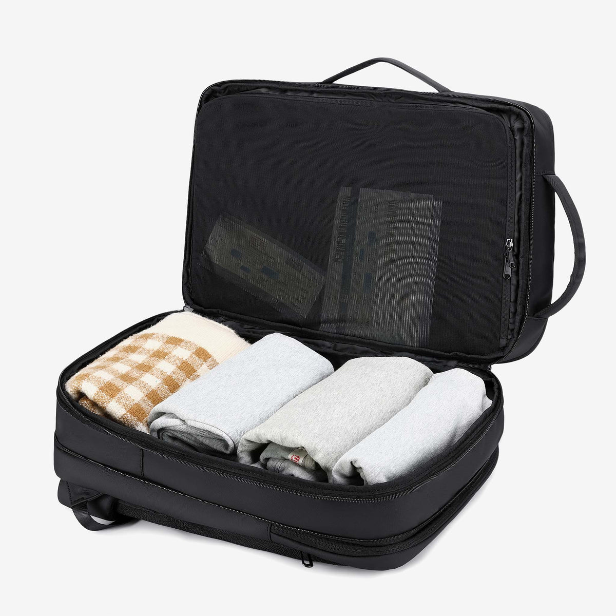 Travel Backpack opened a full 180 degrees and packed with clothes