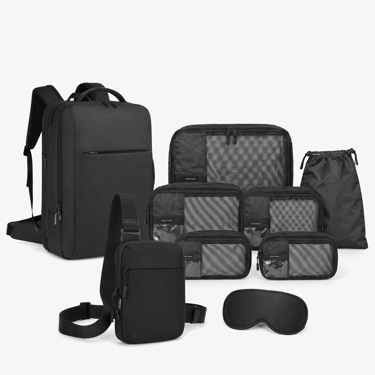 Pro Travel Bundle: Sling Bag Pro, Travel Backpack, compression packing cubes and sleep mask