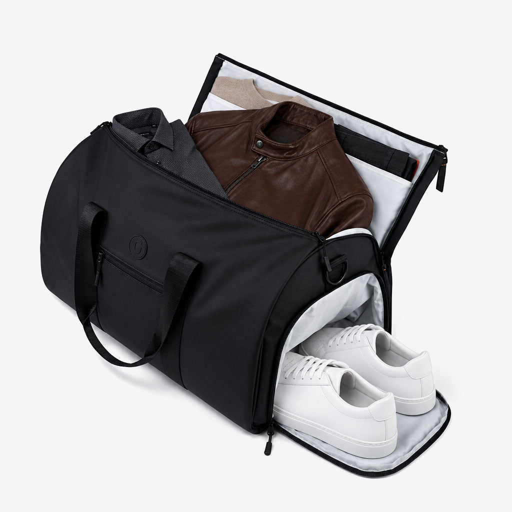 Weekender Bag open with garment section and shoe compartment
