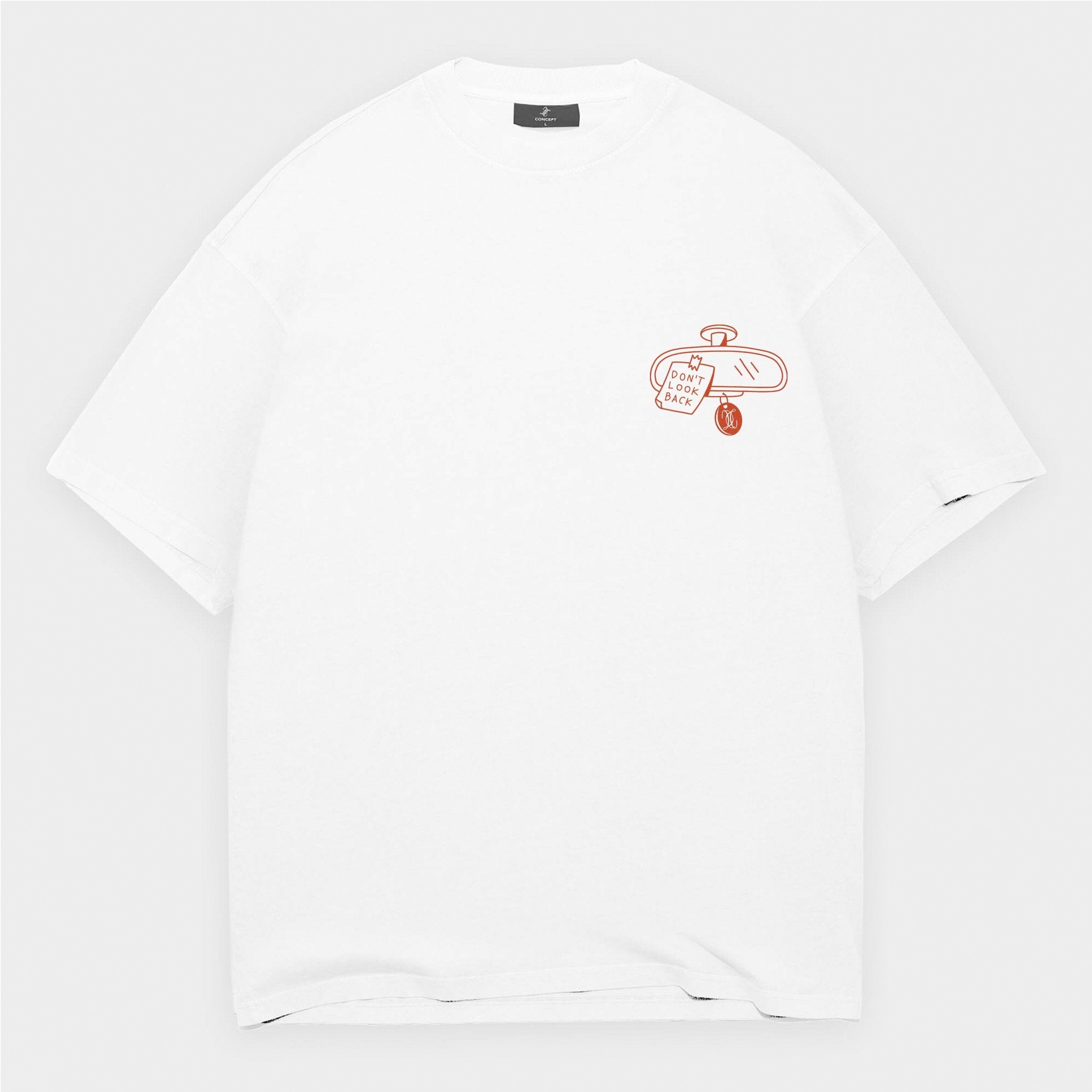 White t-shirt with a red graphic design on a light gray background with a text don't look back
